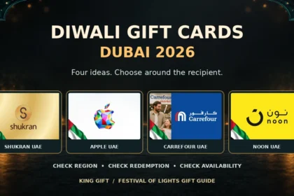 Diwali gift cards in Dubai featuring actual Shukran, Apple, Carrefour and Noon UAE product artwork