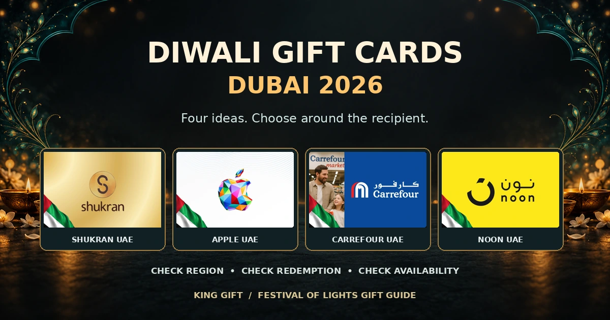 Diwali gift cards in Dubai featuring actual Shukran, Apple, Carrefour and Noon UAE product artwork