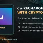 du recharge with crypto guide featuring actual du product artwork and prepaid voucher checks