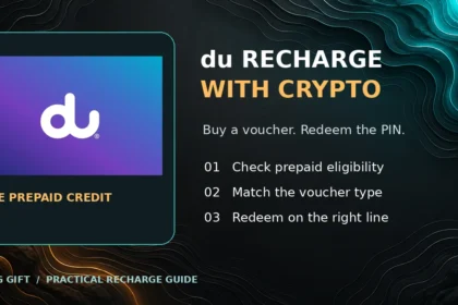 du recharge with crypto guide featuring actual du product artwork and prepaid voucher checks