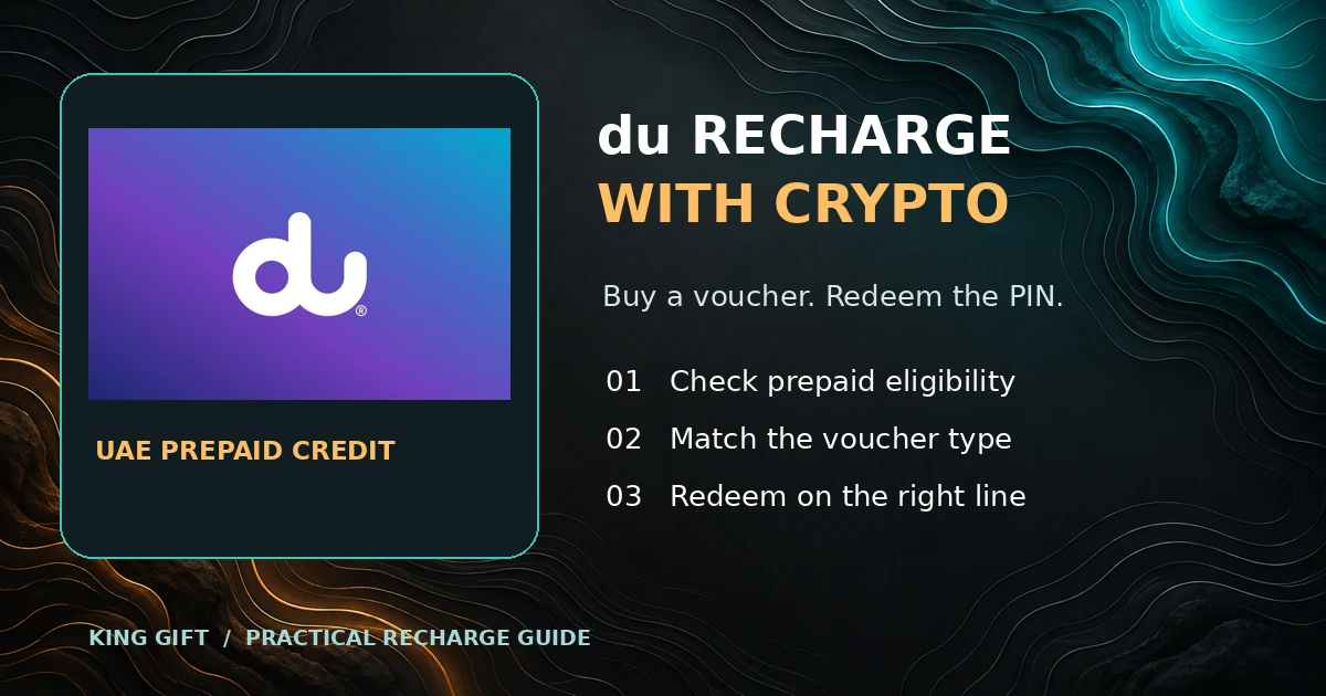 du recharge with crypto guide featuring actual du product artwork and prepaid voucher checks