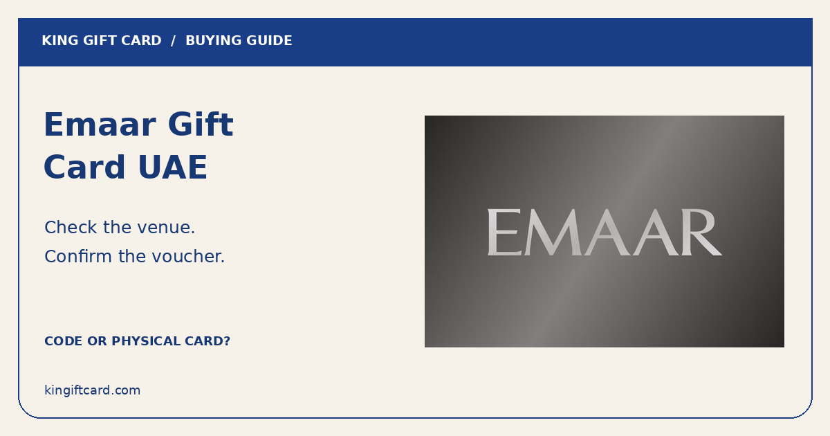 Emaar Gift Card UAE artwork with venue and voucher buying checks